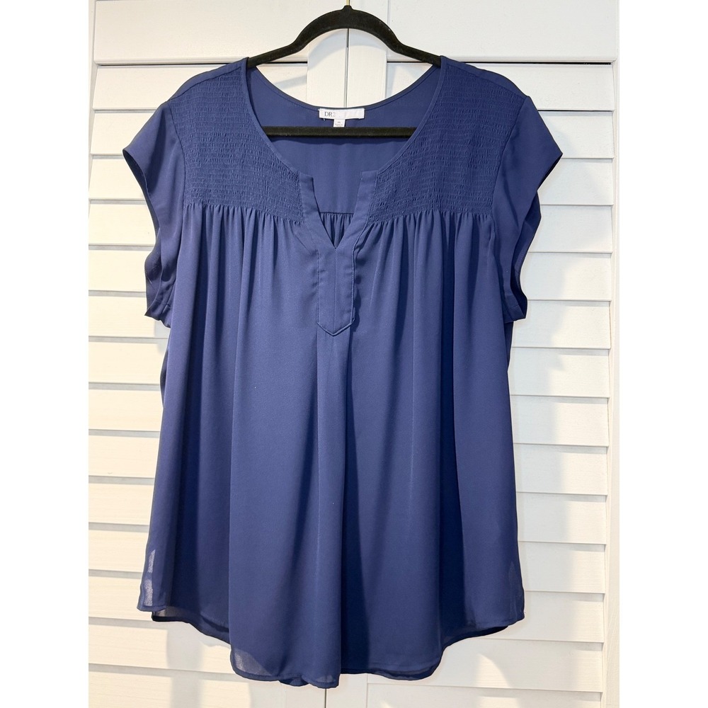 DR2 Navy Blue Smocked V-Neck Short Sleeve Pleated Blouse Top XL